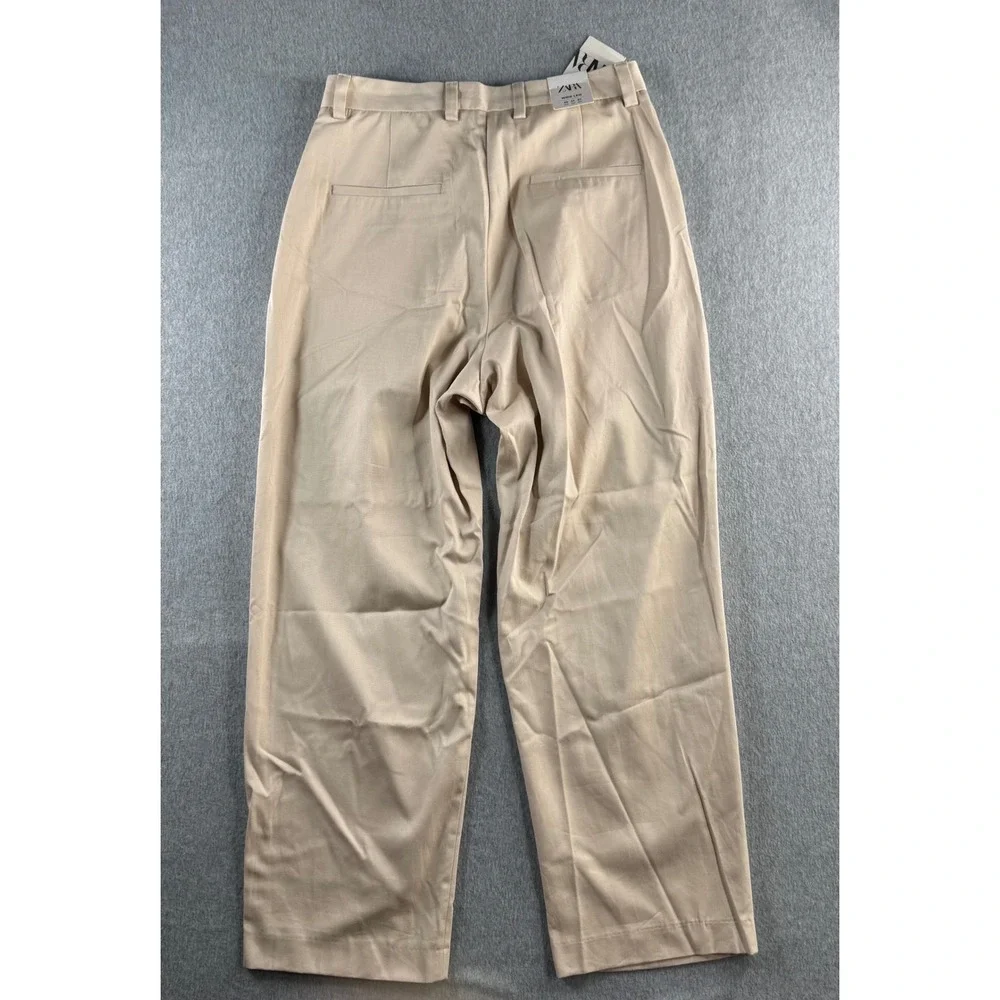 Zara Man Wide Leg Pleated Trousers Beige Tan Pants 6332/616/710 Mens 31 NWT
